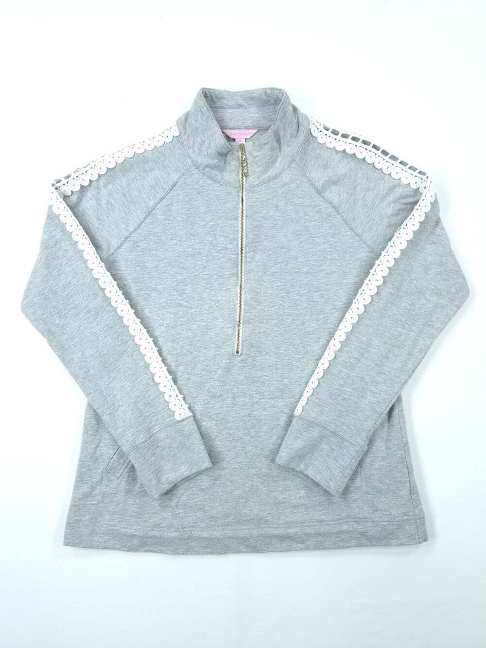 Lilly Pulitzer Skipper Popover M Seaside Gray White Lace 1/2 Zip Sweatshirt